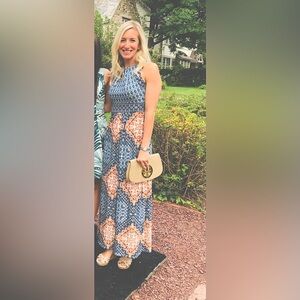 Sleeveless Blue and Orange Maxi Dress